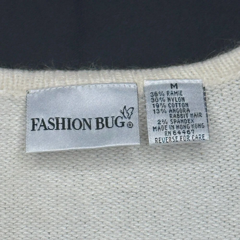 Vtg Fashion Bug Sweater Womens M Ivory Angora Blend Notch V Neck Long Sleeve 90s - Picture 3 of 6